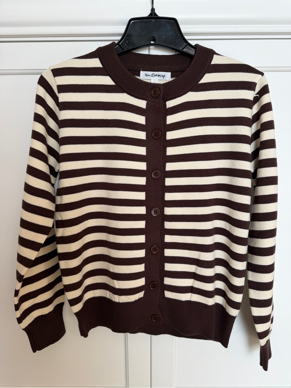 Striped Crewneck Cardigan Sweater - Brown & Cream NWT Small